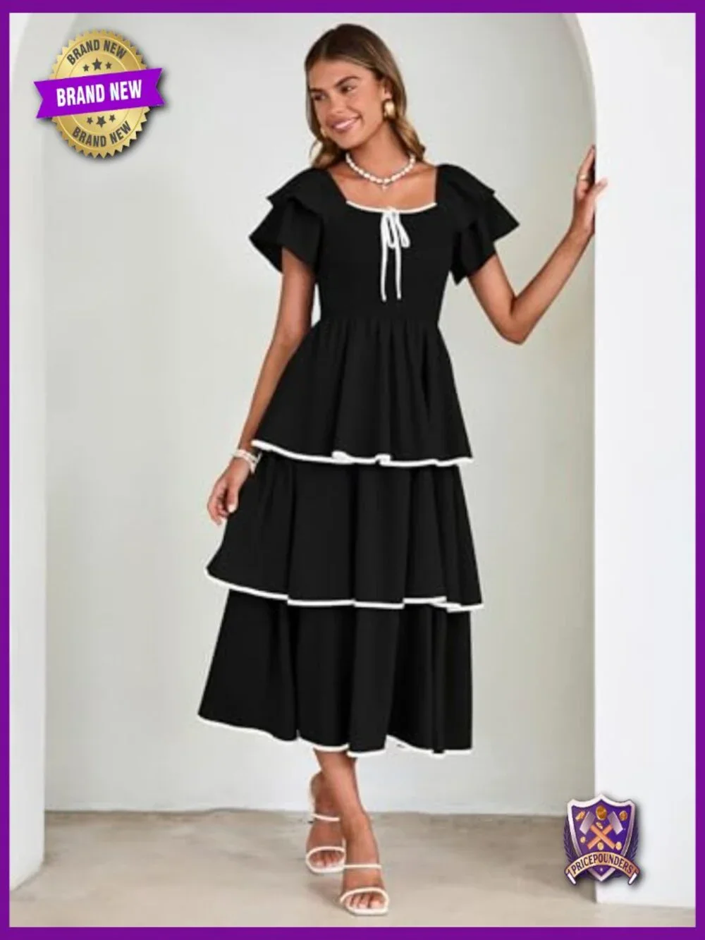 Smocked Tiered Midi Dress Square Neck Ruffle Short Sleeve Boho Flowy Guest - Picture 5 of 7